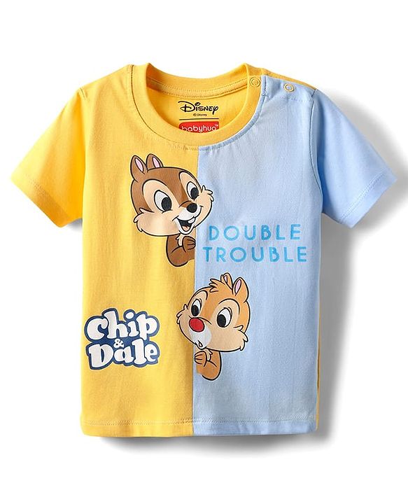 Babyhug Disney Single Jersey Knit Half Sleeves Cut & Sew T-Shirt with Chip N Dale Graphics - Yellow & Light Blue