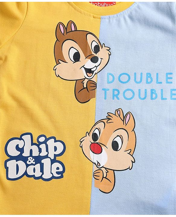 Babyhug Disney Single Jersey Knit Half Sleeves Cut & Sew T-Shirt with Chip N Dale Graphics - Yellow & Light Blue