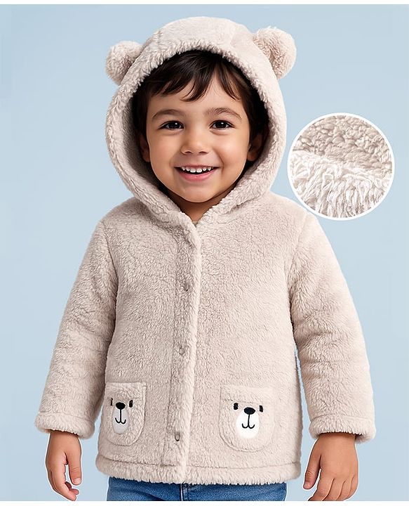 Babyhug Sherpa Fur Knit Full Sleeves Hooded Winter Fur Jacket With Ear Applique - Yellow