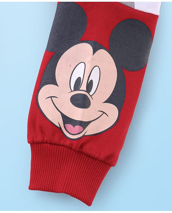 Babyhug Disney Terry Knit  Drop Shoulder Full Sleeves  Hooded Sweatshirt with Mickey Mouse Graphics & Kangaroo Pocket  - Red White & Grey