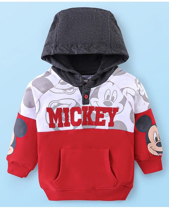 Babyhug Disney Terry Knit  Drop Shoulder Full Sleeves  Hooded Sweatshirt with Mickey Mouse Graphics & Kangaroo Pocket  - Red White & Grey
