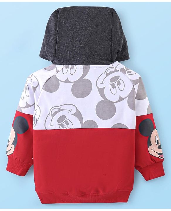 Babyhug Disney Terry Knit  Drop Shoulder Full Sleeves  Hooded Sweatshirt with Mickey Mouse Graphics & Kangaroo Pocket  - Red White & Grey