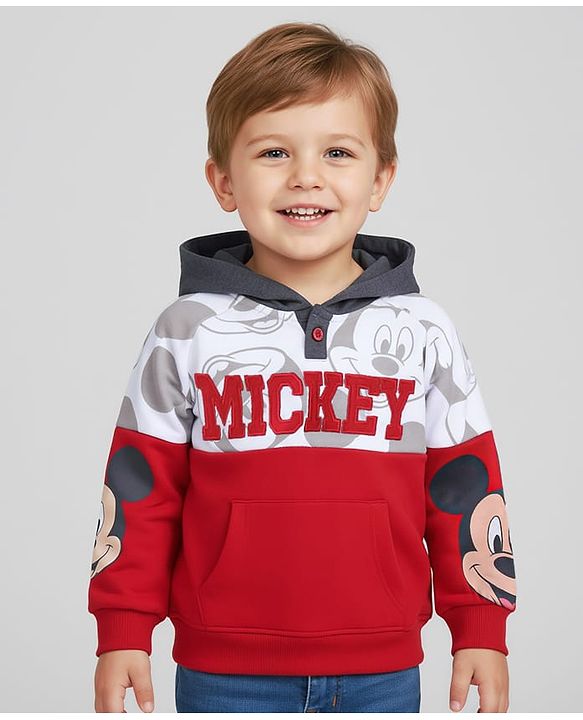 Babyhug Disney Terry Knit  Drop Shoulder Full Sleeves  Hooded Sweatshirt with Mickey Mouse Graphics & Kangaroo Pocket  - Red White & Grey