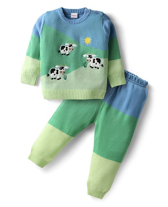 Babyhug Knit Full Sleeves Striped Animal Embroidered Pullover Sweater Set - Multi Colour