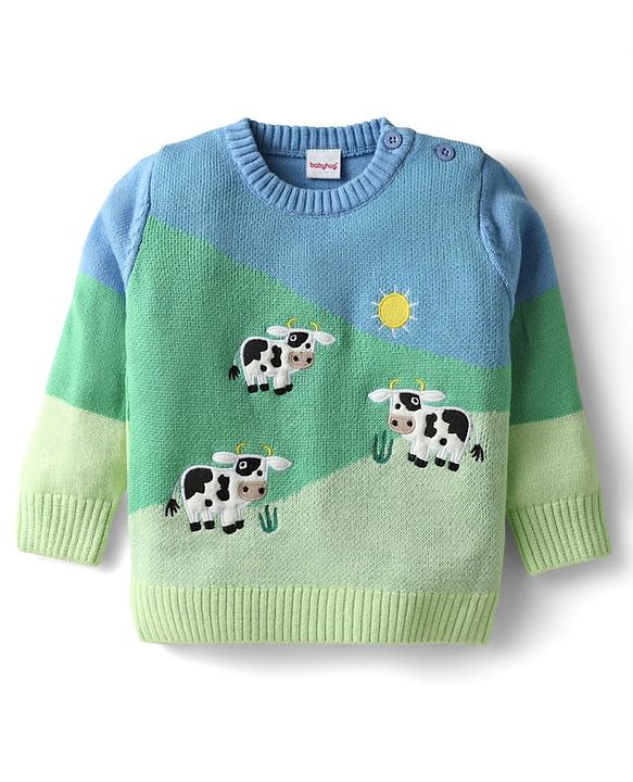 Babyhug Knit Full Sleeves Striped Animal Embroidered Pullover Sweater Set - Multi Colour