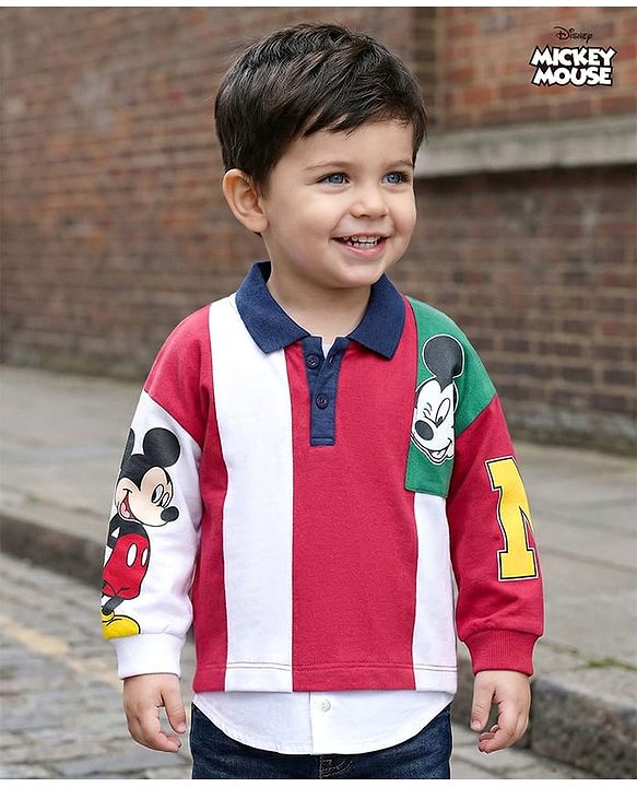 Babyhug Disney Terry Knit Full Sleeves Polo Neck Sweatshirt With Micky Mouse Graphics - Multi Colour