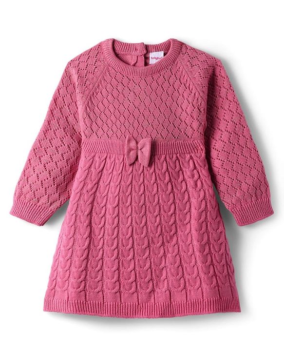 Babyhug Sweater Knit Full Raglan Sleeves Knee Length Solid Coloured Woollen Dress With Bow Applique - Pink