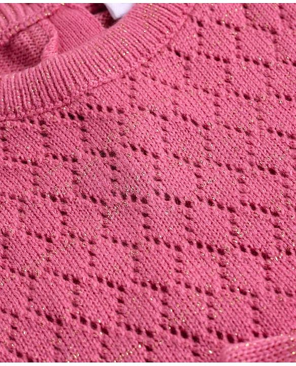 Babyhug Sweater Knit Full Raglan Sleeves Knee Length Solid Coloured Woollen Dress With Bow Applique - Pink