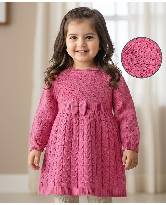 Babyhug Sweater Knit Full Raglan Sleeves Knee Length Solid Coloured Woollen Dress With Bow Applique - Pink