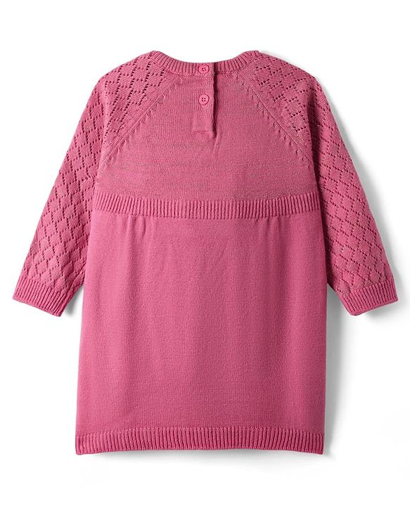 Babyhug Sweater Knit Full Raglan Sleeves Knee Length Solid Coloured Woollen Dress With Bow Applique - Pink