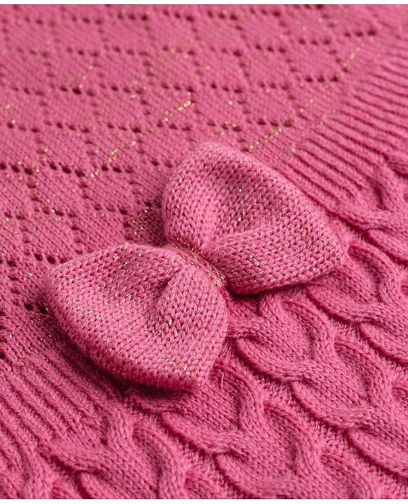 Babyhug Sweater Knit Full Raglan Sleeves Knee Length Solid Coloured Woollen Dress With Bow Applique - Pink