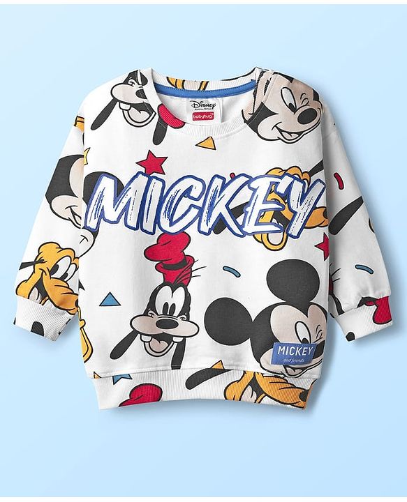 Babyhug DisneyÂ Terry Knit Drop Shoulder Oversized Full Sleeves Sweatshirt With Mickey & Friends Print & Badge Detailing - White