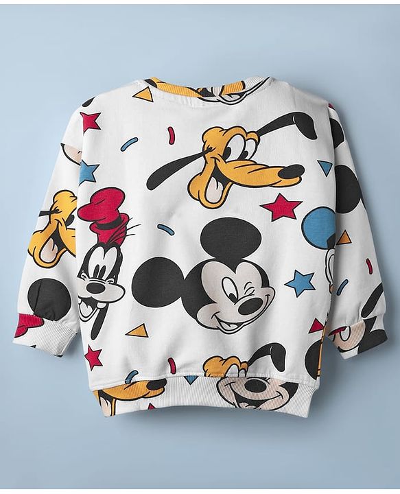 Babyhug DisneyÂ Terry Knit Drop Shoulder Oversized Full Sleeves Sweatshirt With Mickey & Friends Print & Badge Detailing - White