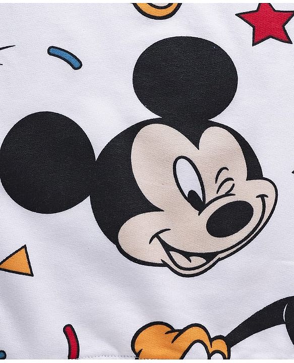 Babyhug DisneyÂ Terry Knit Drop Shoulder Oversized Full Sleeves Sweatshirt With Mickey & Friends Print & Badge Detailing - White