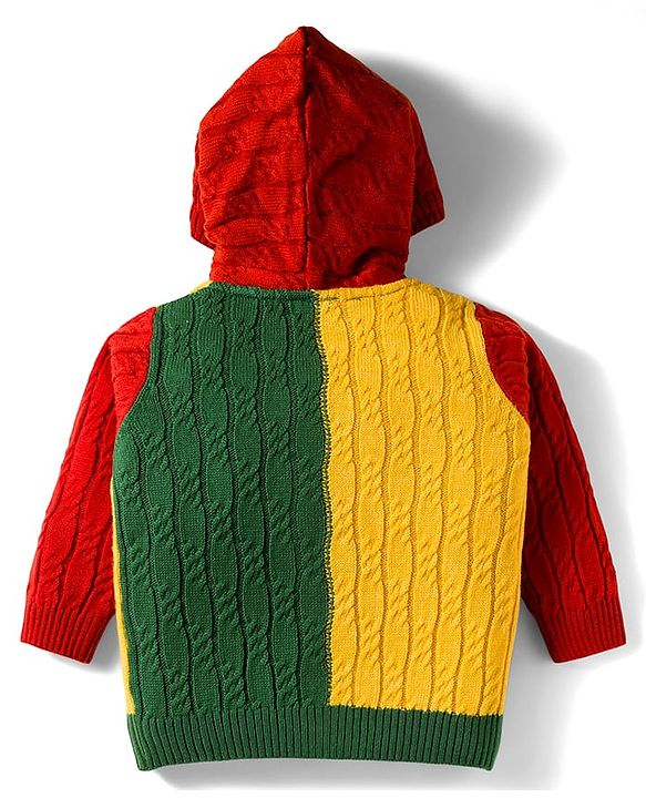 Babyhug Knit Full Sleeves Front Open Hooded Sweater with Color Block Design & Adventure Patch - Red Green & Yellow