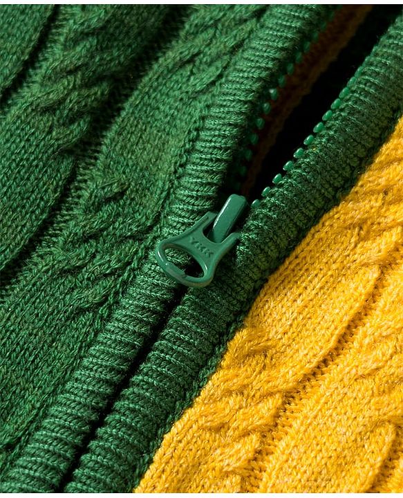 Babyhug Knit Full Sleeves Front Open Hooded Sweater with Color Block Design & Adventure Patch - Red Green & Yellow