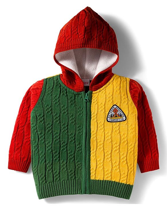 Babyhug Knit Full Sleeves Front Open Hooded Sweater with Color Block Design & Adventure Patch - Red Green & Yellow