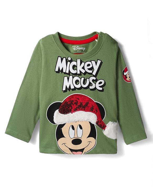 Babyhug Disney Single Jersey Knit Full Sleeves T-Shirt with Mickey Mouse Graphics & Sequin Badge Detailing - Green