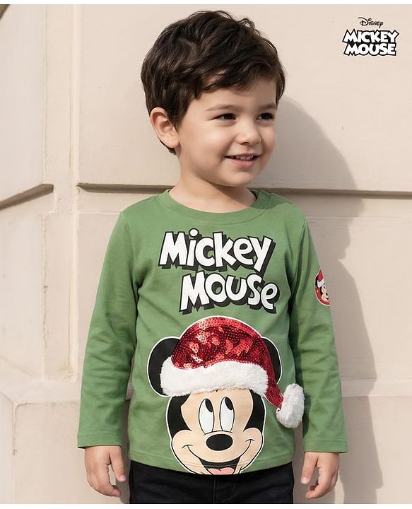 Babyhug Disney Single Jersey Knit Full Sleeves T-Shirt with Mickey Mouse Graphics & Sequin Badge Detailing - Green