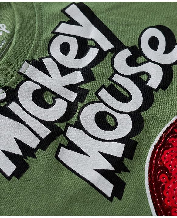 Babyhug Disney Single Jersey Knit Full Sleeves T-Shirt with Mickey Mouse Graphics & Sequin Badge Detailing - Green