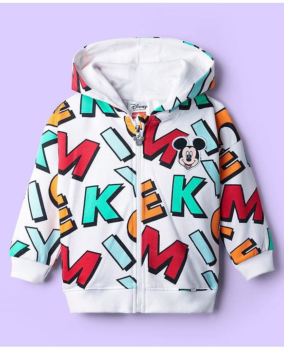 Babyhug Disney Terry Knit Oversize Drop Shoulder Full Sleeves Front Open Hooded Sweatjacket With Mickey Mouse Print - White