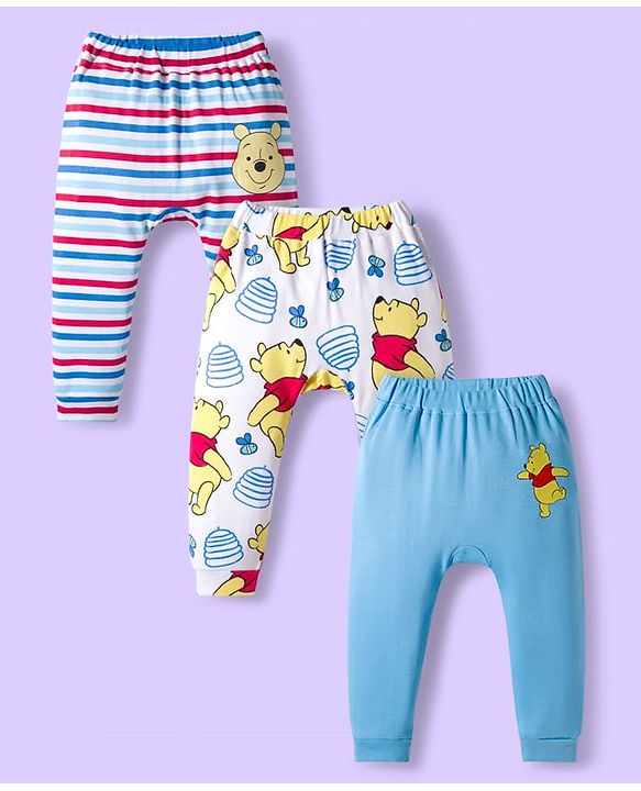 Babyhug Disney Interlock Knit Full Length Diaper Leggings with Winnie the Pooh Graphics & Stripes Pack of 3 - White & Light Blue
