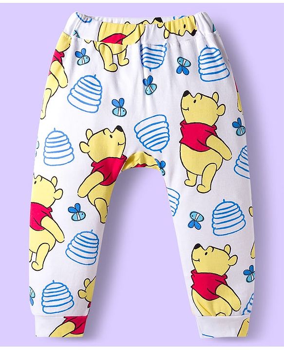 Babyhug Disney Interlock Knit Full Length Diaper Leggings with Winnie the Pooh Graphics & Stripes Pack of 3 - White & Light Blue