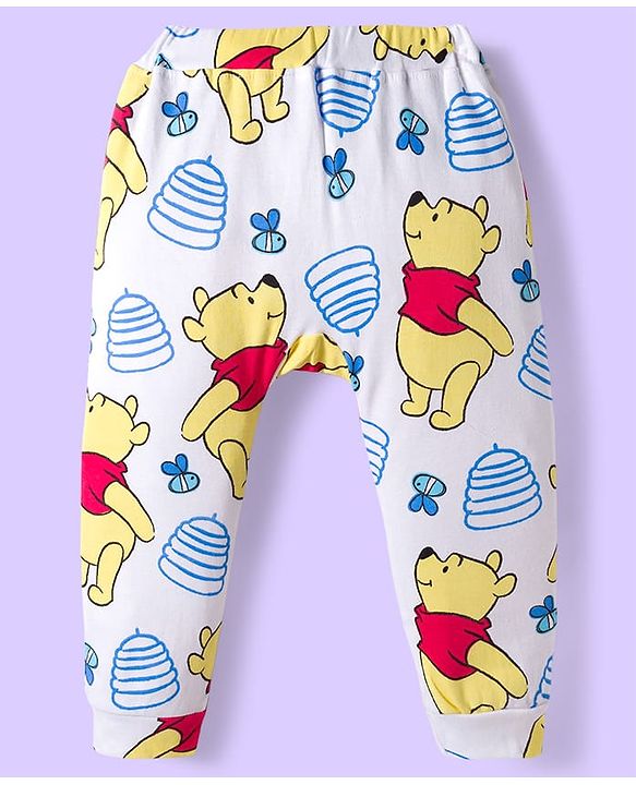 Babyhug Disney Interlock Knit Full Length Diaper Leggings with Winnie the Pooh Graphics & Stripes Pack of 3 - White & Light Blue