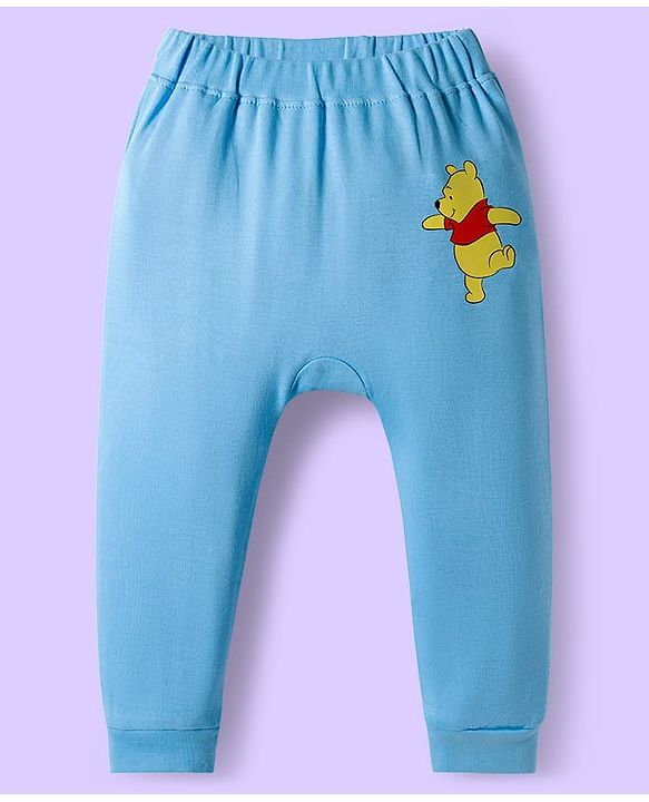Babyhug Disney Interlock Knit Full Length Diaper Leggings with Winnie the Pooh Graphics & Stripes Pack of 3 - White & Light Blue