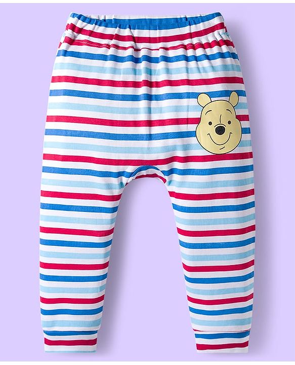 Babyhug Disney Interlock Knit Full Length Diaper Leggings with Winnie the Pooh Graphics & Stripes Pack of 3 - White & Light Blue