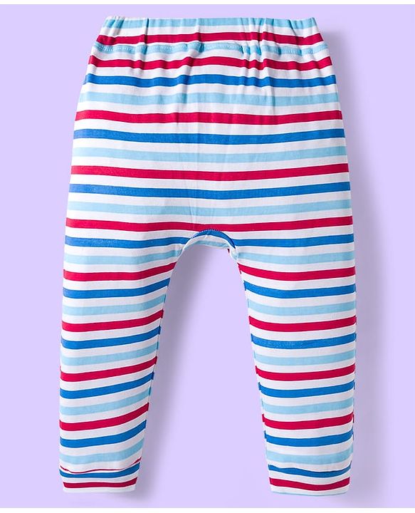 Babyhug Disney Interlock Knit Full Length Diaper Leggings with Winnie the Pooh Graphics & Stripes Pack of 3 - White & Light Blue