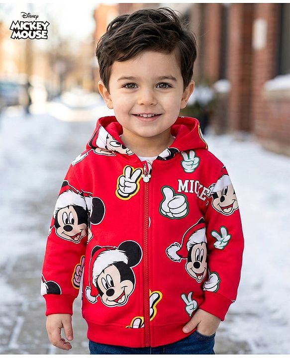 Babyhug Disney 100% Cotton Drop Shoulder Front Open Hooded Full Sleeves Sweatjacket With Mickey Mouse Print - Red