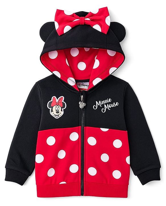 Babyhug Disney Terry Knit Full Sleeves Hooded Sweatjacket With Minnie Mouse Graphics & Bow Applique - Red & Black