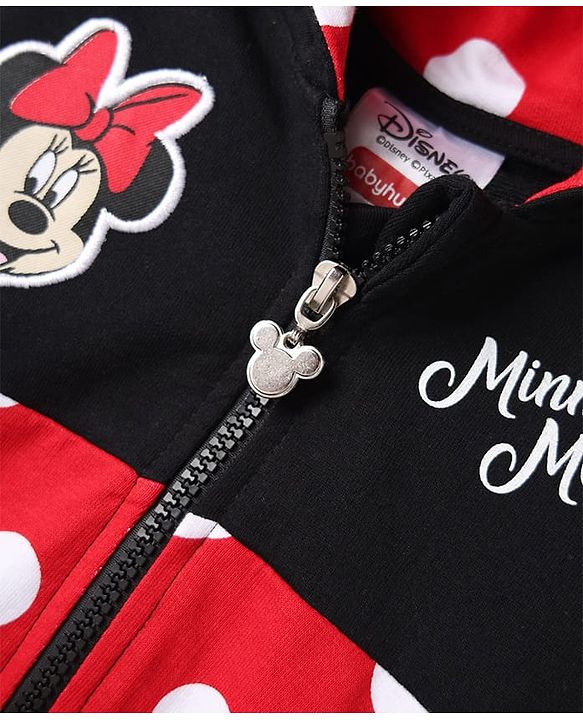 Babyhug Disney Terry Knit Full Sleeves Hooded Sweatjacket With Minnie Mouse Graphics & Bow Applique - Red & Black