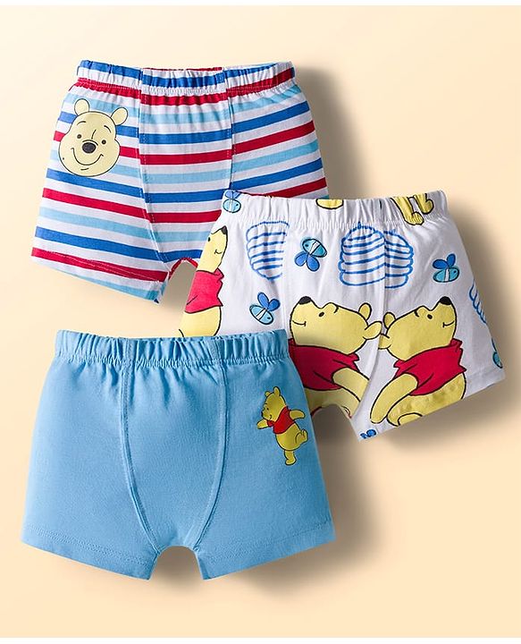 Babyhug Disney Single Jersey Knit Trunks with Winnie the Pooh Graphics Pack of 3 - White & Light Blue