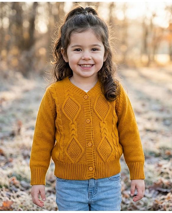 Babyhug Knit Full Sleeves Front Open Sweater with Cable Knit Design - Yellow