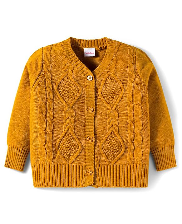 Babyhug Knit Full Sleeves Front Open Sweater with Cable Knit Design - Yellow