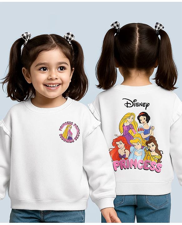 Babyhug Disney 100% Cotton Oversize Drop Shoulder Full Sleeves Sweatshirt With Front & Back Disney Princess Graphics & Frill Detailing - White