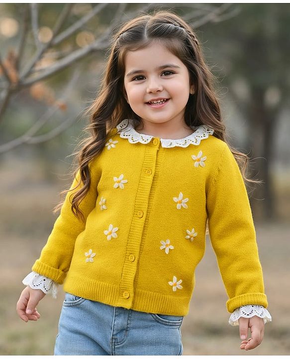 Babyhug Knit Full Sleeves Soft Fuzzy Yarn Front Open Sweater with Floral Embroidery & Schiffli Detailing - Yellow