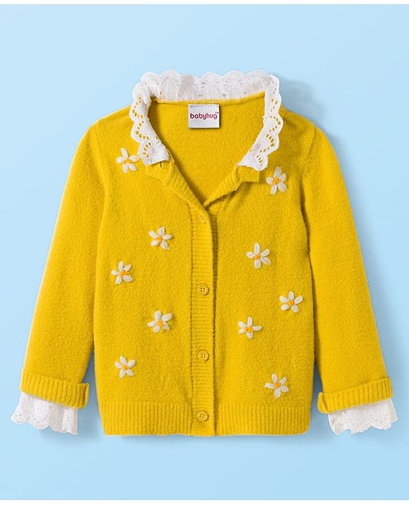 Babyhug Knit Full Sleeves Soft Fuzzy Yarn Front Open Sweater with Floral Embroidery & Schiffli Detailing - Yellow