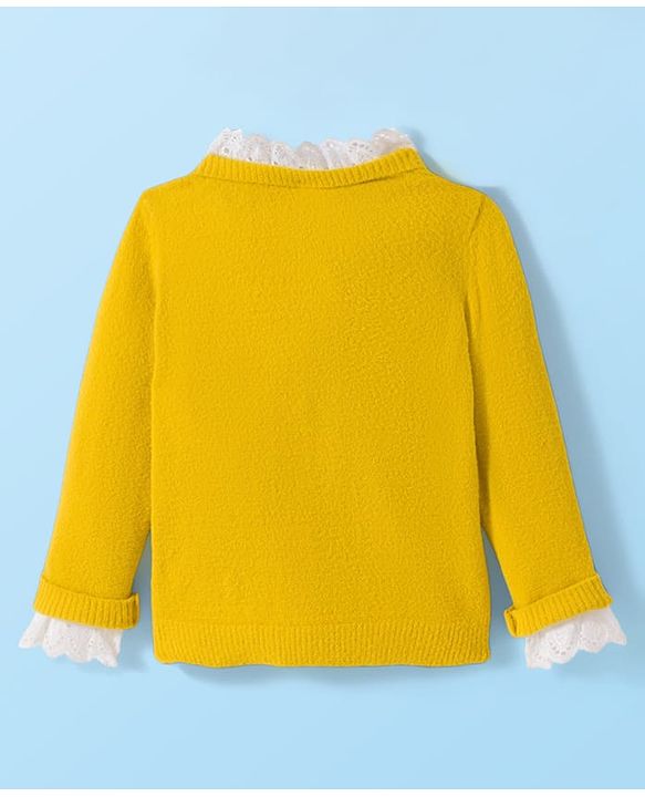 Babyhug Knit Full Sleeves Soft Fuzzy Yarn Front Open Sweater with Floral Embroidery & Schiffli Detailing - Yellow