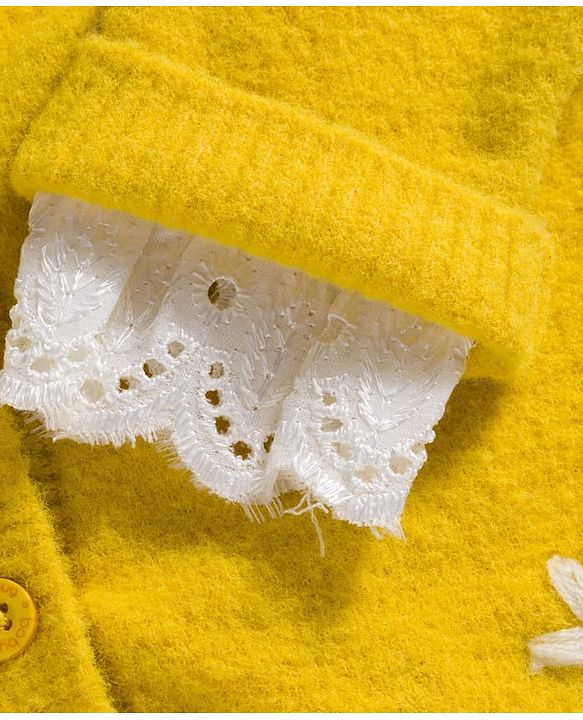 Babyhug Knit Full Sleeves Soft Fuzzy Yarn Front Open Sweater with Floral Embroidery & Schiffli Detailing - Yellow