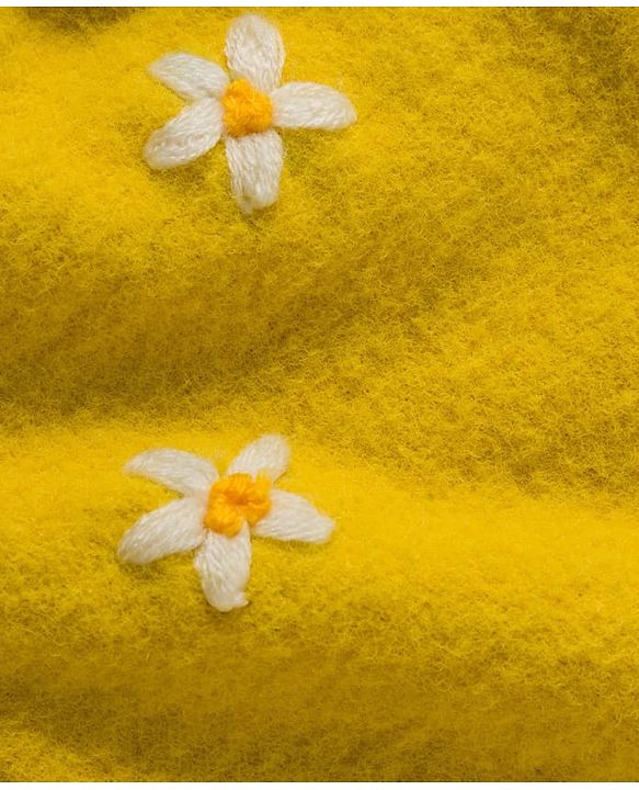 Babyhug Knit Full Sleeves Soft Fuzzy Yarn Front Open Sweater with Floral Embroidery & Schiffli Detailing - Yellow