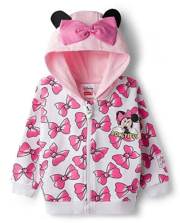 Babyhug Disney Drop Shoulder Oversized Full Sleeves Hooded Sweatjacket With Bow Applique & Minnie Mouse Print - Pink