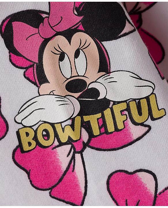 Babyhug Disney Drop Shoulder Oversized Full Sleeves Hooded Sweatjacket With Bow Applique & Minnie Mouse Print - Pink
