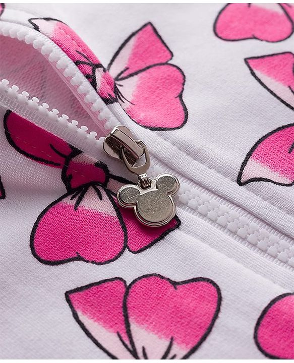 Babyhug Disney Drop Shoulder Oversized Full Sleeves Hooded Sweatjacket With Bow Applique & Minnie Mouse Print - Pink