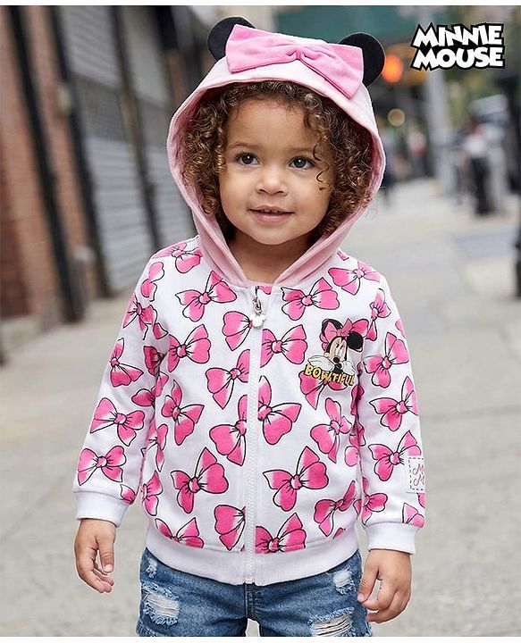 Babyhug Disney Drop Shoulder Oversized Full Sleeves Hooded Sweatjacket With Bow Applique & Minnie Mouse Print - Pink