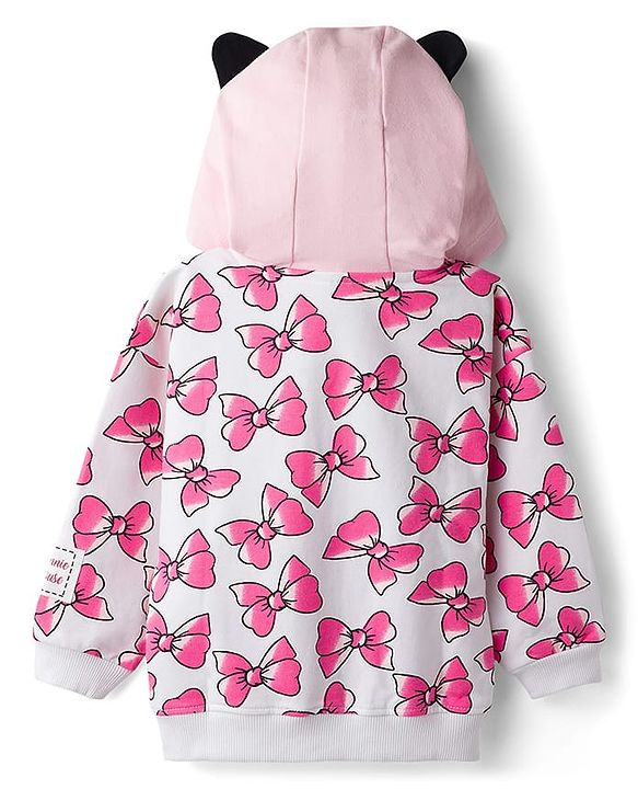 Babyhug Disney Drop Shoulder Oversized Full Sleeves Hooded Sweatjacket With Bow Applique & Minnie Mouse Print - Pink