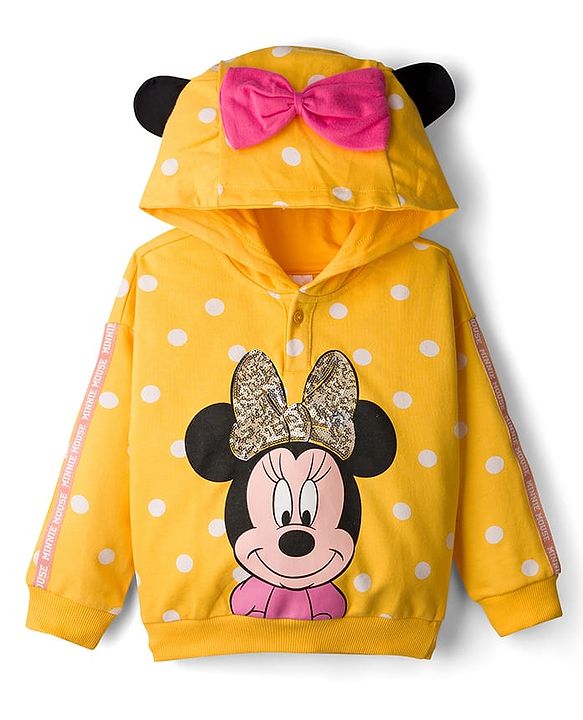Babyhug Disney Terry Knit Full Sleeves Hooded Sweatshirt With Minnie Mouse Graphics & Bow Applique - Yellow