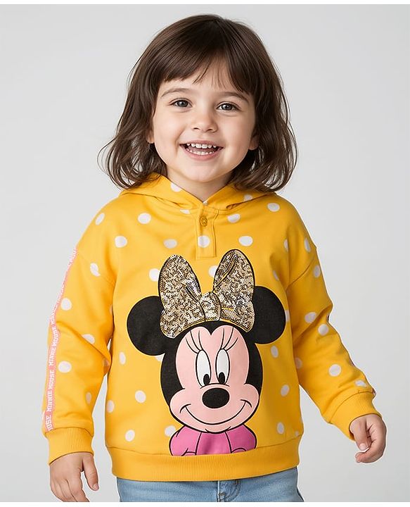 Babyhug Disney Terry Knit Full Sleeves Hooded Sweatshirt With Minnie Mouse Graphics & Bow Applique - Yellow